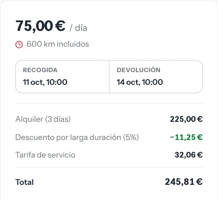La ficha de una furgoneta en la app con el desglose antes de pagar: alquiler, descuento, tarifa de servicio y total