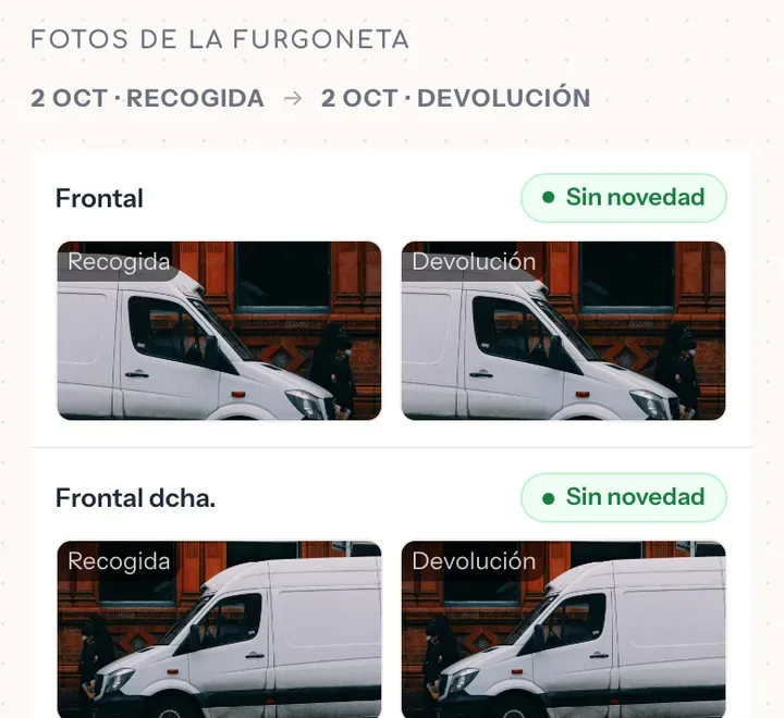 El acta de un alquiler en la app: cada posición de la furgoneta con su foto de recogida y de devolución, sin novedad