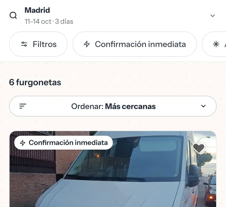 El buscador de la app: Madrid, del 11 al 14 de octubre, seis furgonetas ordenadas por cercanía